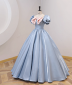 Sweet Princess Light Blue Square Neck Bow Puff Sleeve Satin Ball Gown Prom Dress Sweet 16 Dress
