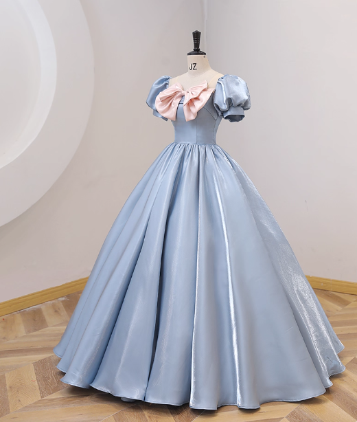 Sweet Princess Light Blue Square Neck Bow Puff Sleeve Satin Ball Gown Prom Dress Sweet 16 Dress