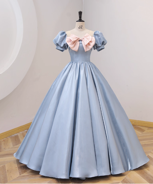 Sweet Princess Light Blue Square Neck Bow Puff Sleeve Satin Ball Gown Prom Dress Sweet 16 Dress Main image