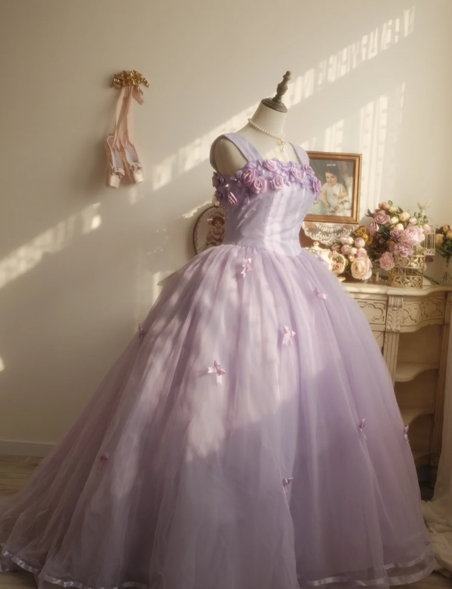 Sweet Princess Light Purple 3D Floral Square Neck Bow Tulle Ball Gown Prom Dress Sweet 16 Dress Secondary image