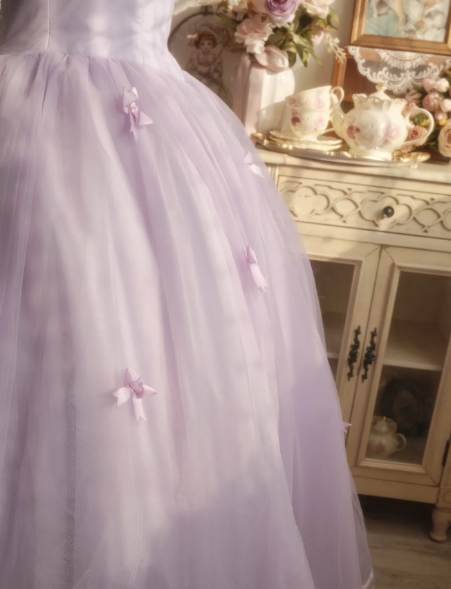 Sweet Princess Light Purple 3D Floral Square Neck Bow Tulle Ball Gown Prom Dress Sweet 16 Dress