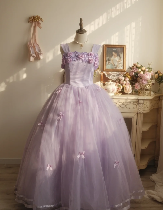 Sweet Princess Light Purple 3D Floral Square Neck Bow Tulle Ball Gown Prom Dress Sweet 16 Dress Main image