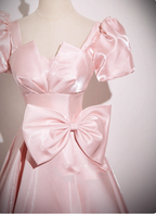 Sweet Princess Pink A-Line Short Sleeve Bow Satin Long Formal Prom Dress