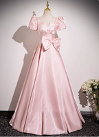 Sweet Princess Pink A-Line Short Sleeve Bow Satin Long Formal Prom Dress
