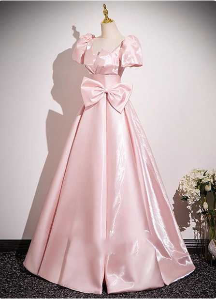 Sweet Princess Pink A-Line Short Sleeve Bow Satin Long Formal Prom Dress
