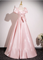 Sweet Princess Pink A-Line Short Sleeve Bow Satin Long Formal Prom Dress