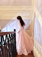 Sweet Princess Pink A-Line Spaghetti Strap Satin Long Formal Prom Dress