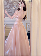 Sweet Princess Pink A-Line Spaghetti Strap Satin Long Formal Prom Dress