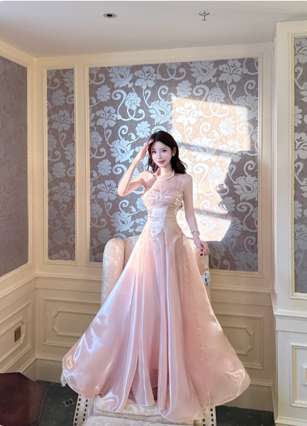 Sweet Princess Pink A-Line Spaghetti Strap Satin Long Formal Prom Dress