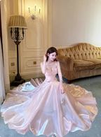 Sweet Princess Pink A-Line Spaghetti Strap Satin Long Formal Prom Dress