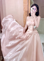 Sweet Princess Pink A-Line Spaghetti Strap Satin Long Formal Prom Dress