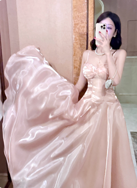 Sweet Princess Pink A-Line Spaghetti Strap Satin Long Formal Prom Dress