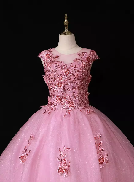 Sweet Princess Pink Crew Neck Embroidered Tulle Long Formal Prom Dress Secondary image