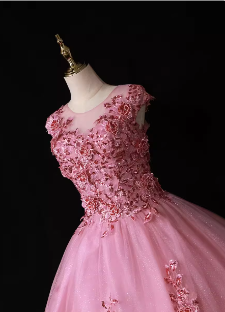 Sweet Princess Pink Crew Neck Embroidered Tulle Long Formal Prom Dress
