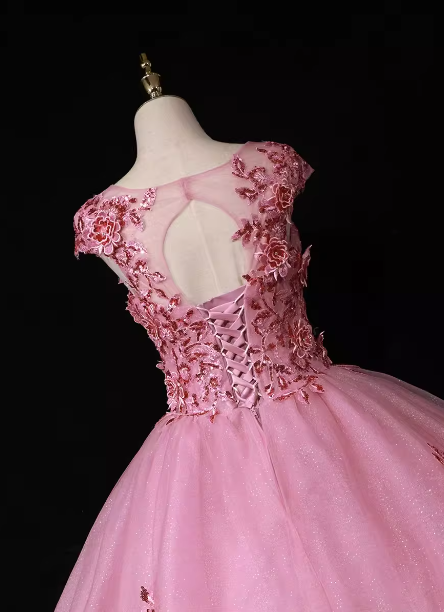 Sweet Princess Pink Crew Neck Embroidered Tulle Long Formal Prom Dress