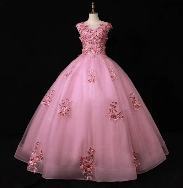 Sweet Princess Pink Crew Neck Embroidered Tulle Long Formal Prom Dress Main image