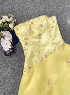 Sweet Princess Yellow A-Line Strapless Beaded Embroidered Tulle Long Formal Prom Dress