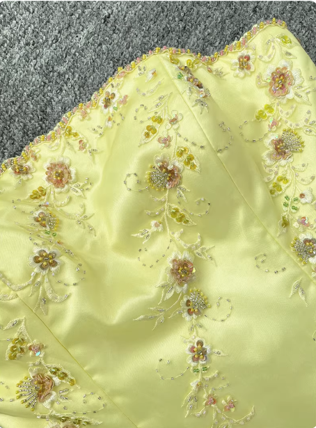 Sweet Princess Yellow A-Line Strapless Beaded Embroidered Tulle Long Formal Prom Dress