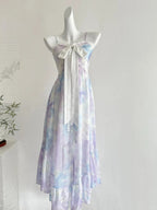 Sweet Purple And Blue Gradient A-Line Suspender Bow Chiffon Long Formal Prom Dress