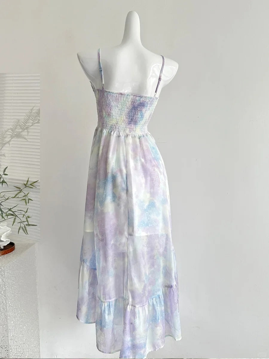 Sweet Purple And Blue Gradient A-Line Suspender Bow Chiffon Long Formal Prom Dress