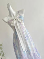 Sweet Purple And Blue Gradient A-Line Suspender Bow Chiffon Long Formal Prom Dress