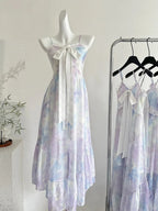 Sweet Purple And Blue Gradient A-Line Suspender Bow Chiffon Long Formal Prom Dress