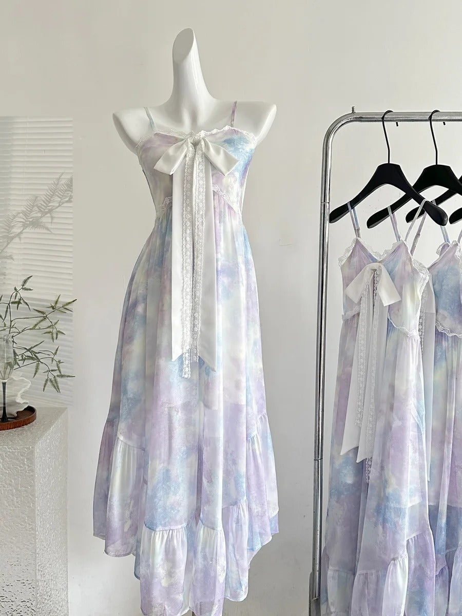 Sweet Purple And Blue Gradient A-Line Suspender Bow Chiffon Long Formal Prom Dress