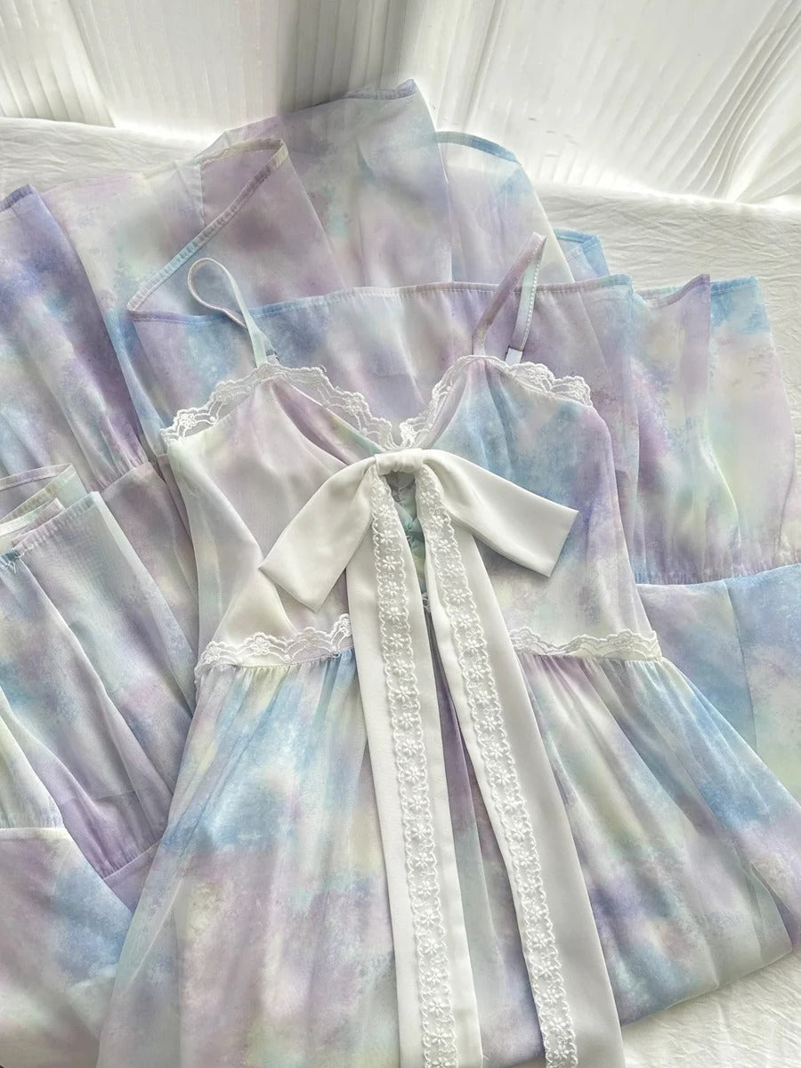 Sweet Purple And Blue Gradient A-Line Suspender Bow Chiffon Long Formal Prom Dress