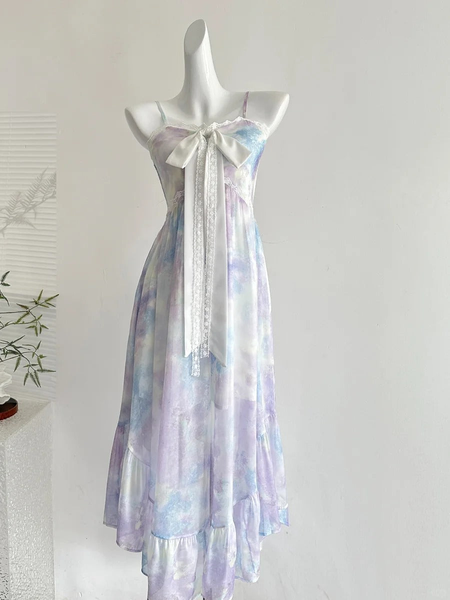 Sweet Purple And Blue Gradient A-Line Suspender Bow Chiffon Long Formal Prom Dress Main image