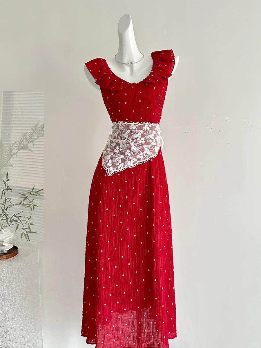 Sweet Red And White Polka Dot A-Line Ruffle Waist Long Formal Prom Dress 17Th Birthday Dress