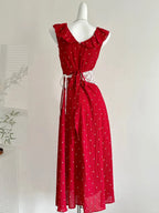 Sweet Red And White Polka Dot A-Line Ruffle Waist Long Formal Prom Dress 17Th Birthday Dress