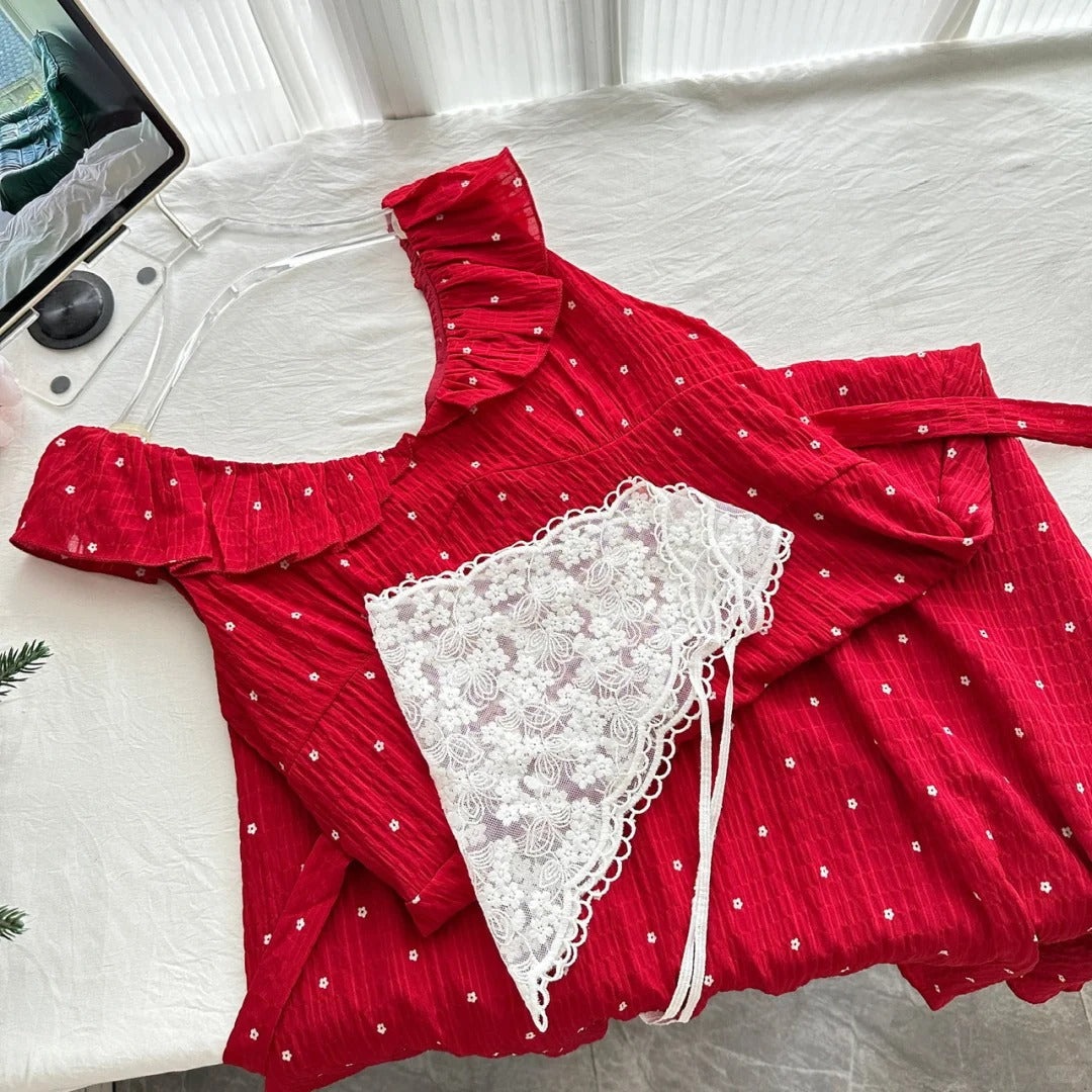 Sweet Red And White Polka Dot A-Line Ruffle Waist Long Formal Prom Dress 17Th Birthday Dress