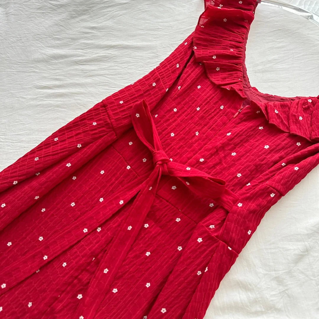 Sweet Red And White Polka Dot A-Line Ruffle Waist Long Formal Prom Dress 17Th Birthday Dress