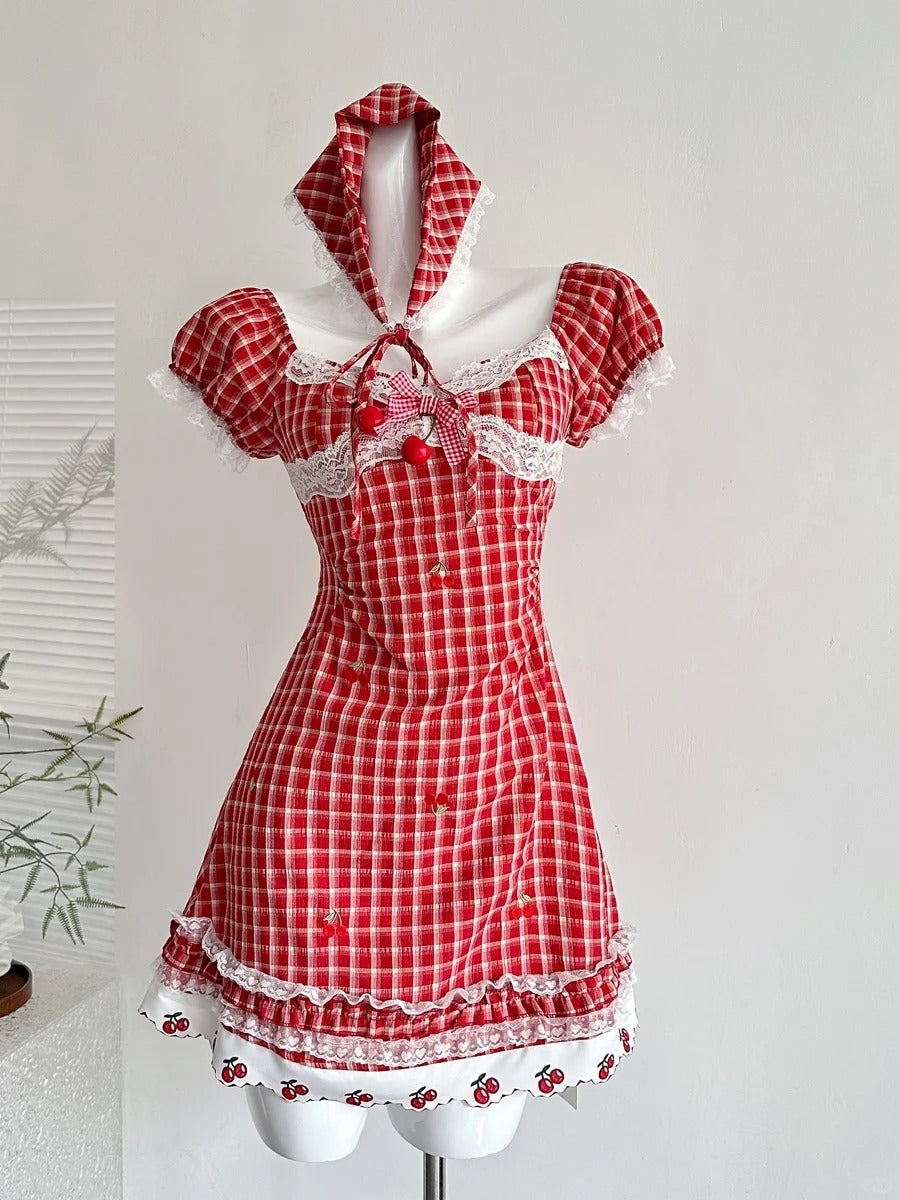 Sweet Retro Red And White Plaid Short-Sleeved Waist A-Line 15Th Birthday Homecoming Dress Secondary image