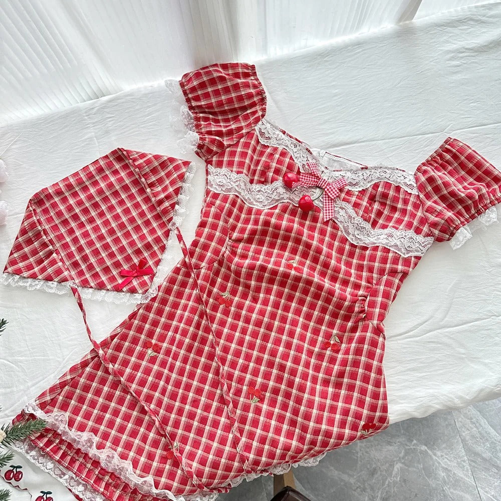 Sweet Retro Red And White Plaid Short-Sleeved Waist A-Line 15Th Birthday Homecoming Dress