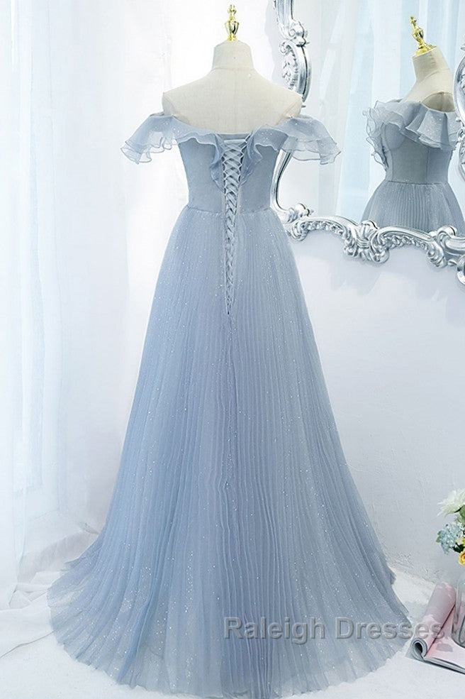 Sweet Sky Blue Sparkling Pleated Short Sleeved Off Shoulder Ball Dresses Sky Blue A-Line Princess Backless Tie With Ruffle Edge And Floor Length Prom Dresses Secondary image