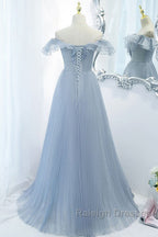 Sweet Sky Blue Sparkling Pleated Short Sleeved Off Shoulder Ball Dresses Sky Blue A-Line Princess Backless Tie With Ruffle Edge And Floor Length Prom Dresses