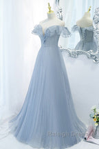Sweet Sky Blue Sparkling Pleated Short Sleeved Off Shoulder Ball Dresses Sky Blue A-Line Princess Backless Tie With Ruffle Edge And Floor Length Prom Dresses