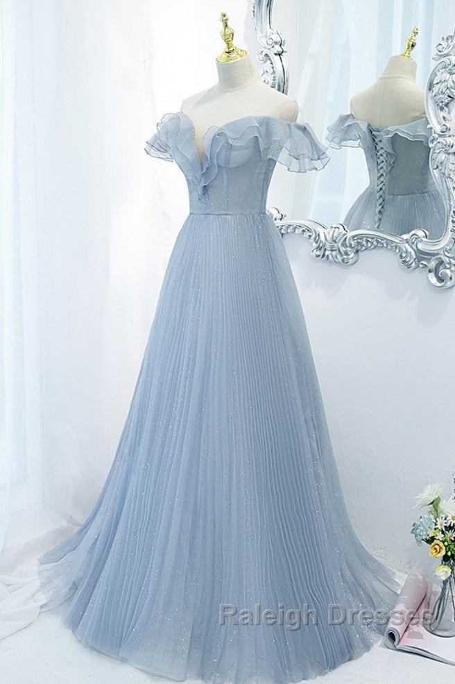 Sweet Sky Blue Sparkling Pleated Short Sleeved Off Shoulder Ball Dresses Sky Blue A-Line Princess Backless Tie With Ruffle Edge And Floor Length Prom Dresses