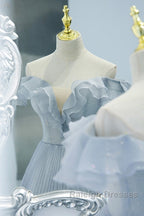 Sweet Sky Blue Sparkling Pleated Short Sleeved Off Shoulder Ball Dress Sky Blue A-Line Princess Backless Tie With Ruffle Edge And Floor Length Evening Dress