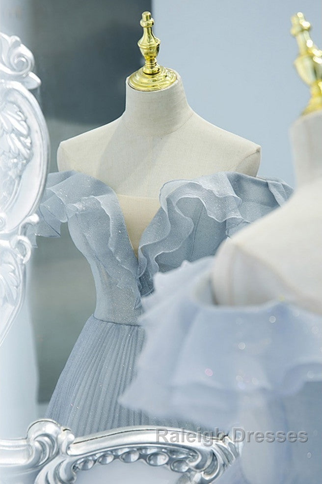 Sweet Sky Blue Sparkling Pleated Short Sleeved Off Shoulder Ball Dresses Sky Blue A-Line Princess Backless Tie With Ruffle Edge And Floor Length Prom Dresses