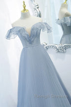 Sweet Sky Blue Sparkling Pleated Short Sleeved Off Shoulder Ball Dresses Sky Blue A-Line Princess Backless Tie With Ruffle Edge And Floor Length Prom Dresses