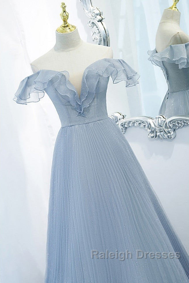 Sweet Sky Blue Sparkling Pleated Short Sleeved Off Shoulder Ball Dresses Sky Blue A-Line Princess Backless Tie With Ruffle Edge And Floor Length Prom Dresses