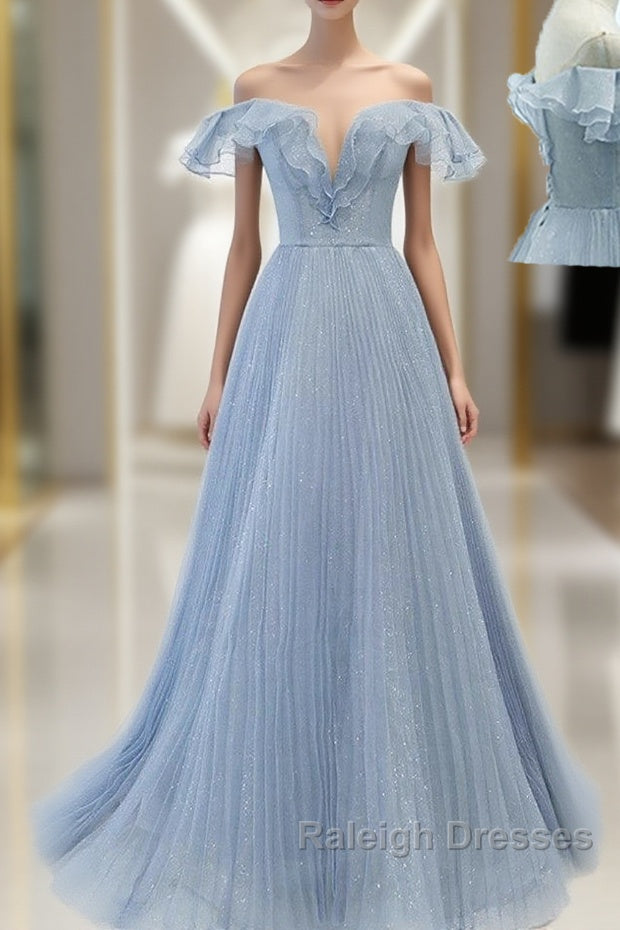 Sweet Sky Blue Sparkling Pleated Short Sleeved Off Shoulder Ball Dress Sky Blue A-Line Princess Backless Tie With Ruffle Edge And Floor Length Evening Dress Main image