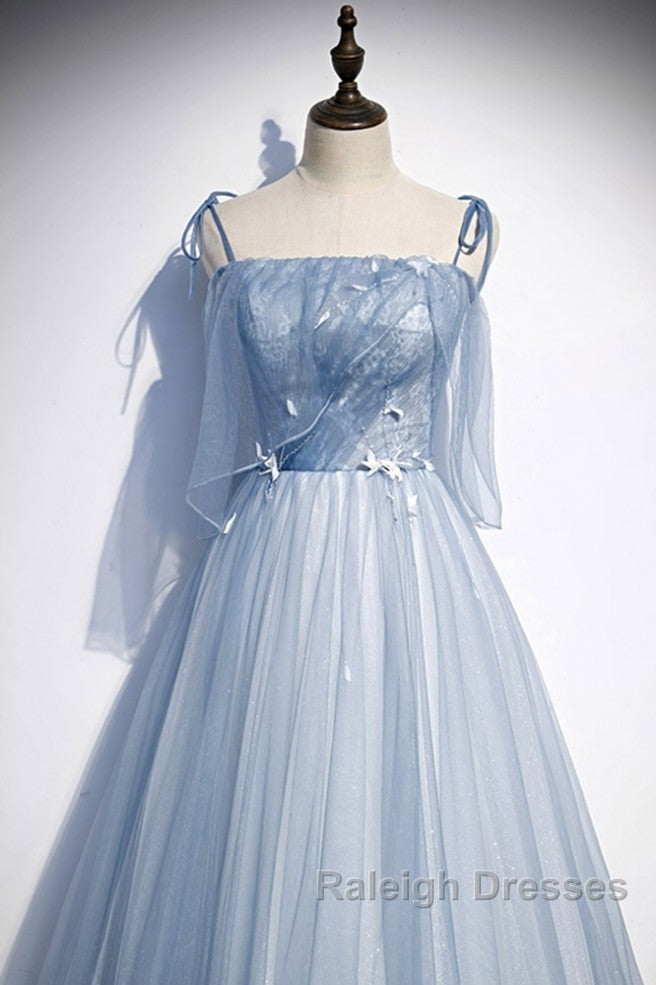 Sweet Sky Blue Thin Shoulder Strap Sleeveless Applique Lace Bead Dresses Dresses With Sky Blue A-Line Glittering Thin Gauze Open Back Strap Long Ruffle Edge Prom Dresses