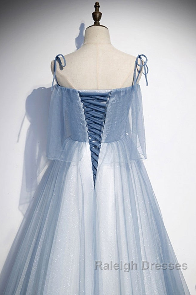 Sweet Sky Blue Thin Shoulder Strap Sleeveless Applique Lace Bead Dresses Dresses With Sky Blue A-Line Glittering Thin Gauze Open Back Strap Long Ruffle Edge Prom Dresses