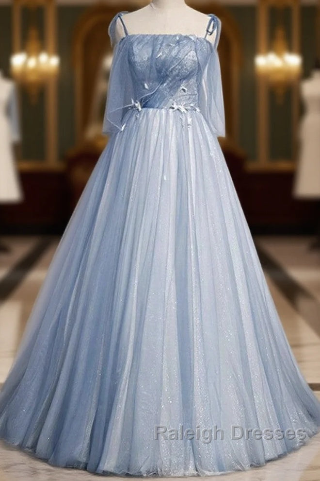 Sweet Sky Blue Thin Shoulder Strap Sleeveless Applique Lace Bead Dress Dress With Sky Blue A-Line Glittering Thin Gauze Open Back Strap Long Ruffle Edge Evening Dress Main image