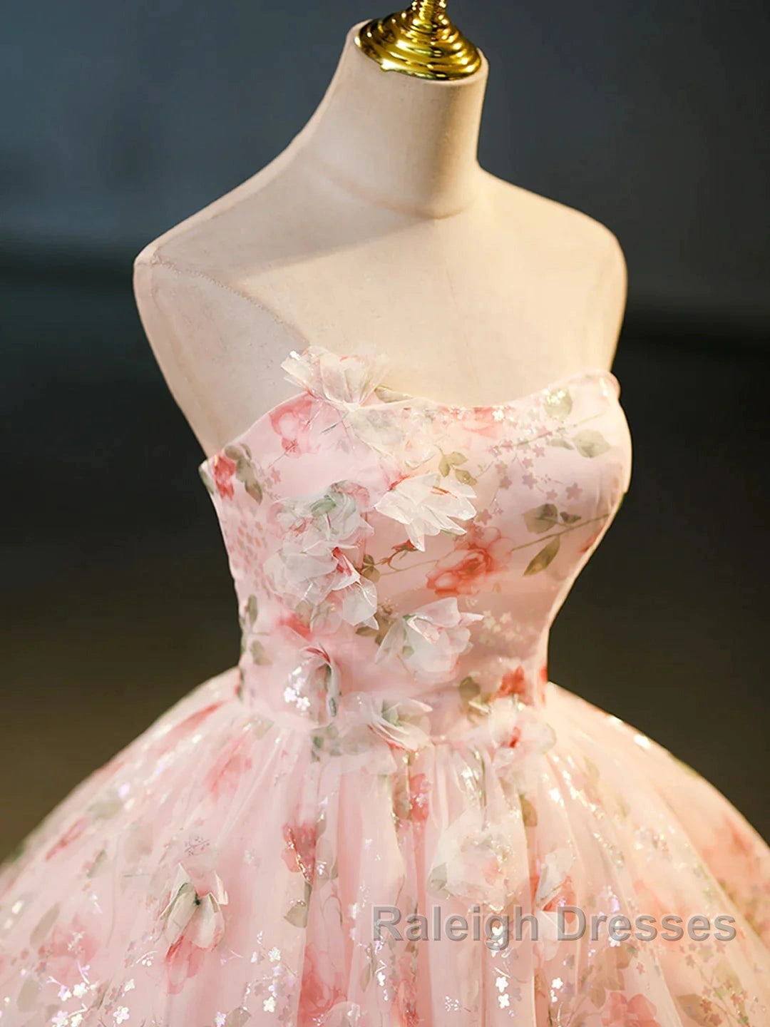 Sweet Strapless Tulle Flower Pink Print Prom Dress Secondary image
