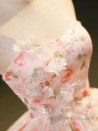 Sweet Strapless Tulle Flower Pink Print Prom Dress