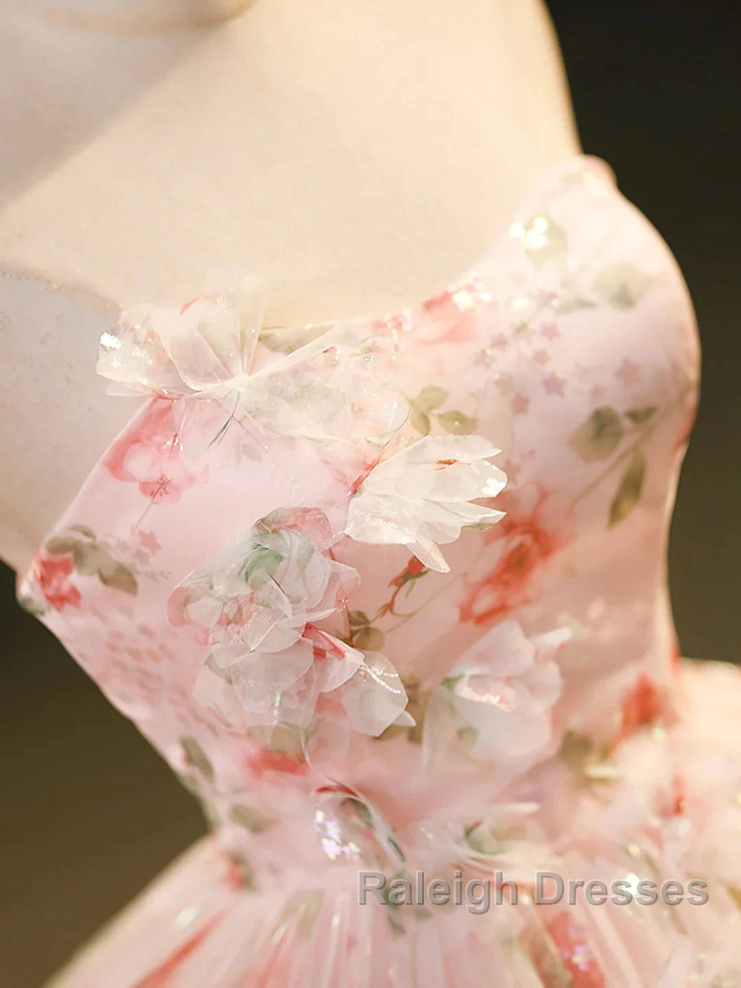 Sweet Strapless Tulle Flower Pink Print Prom Dress
